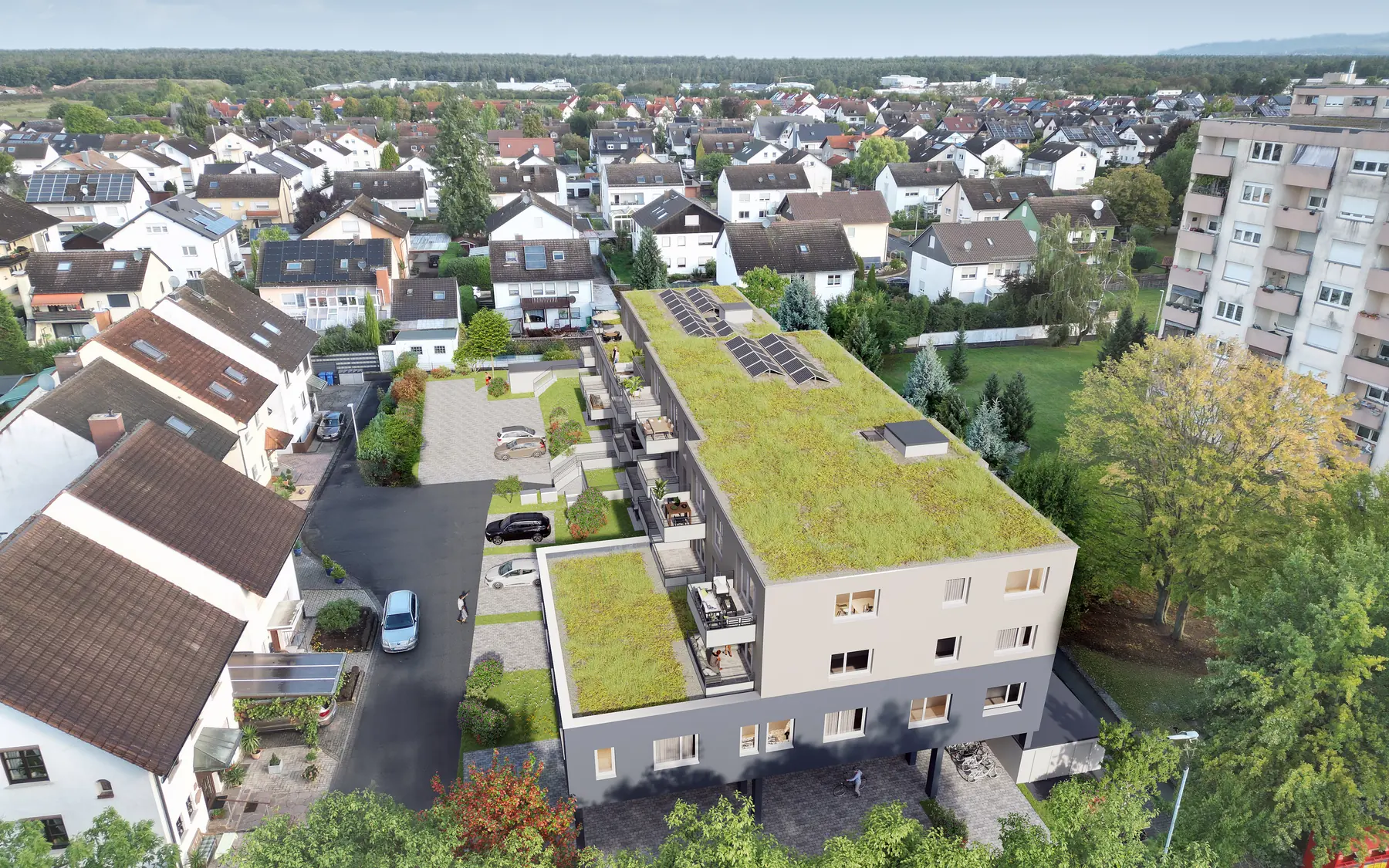 Visualisierung der Häuser von BachgauLiving im gewachsenen Wohngebiet von Ringheim