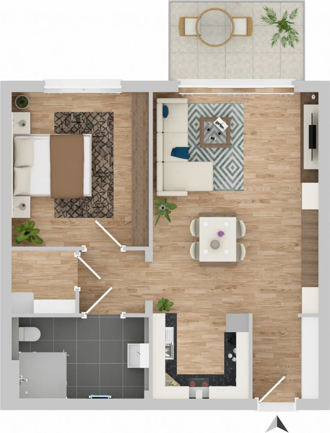 Grundriss einer Zwei-Zimmer-Wohnung mit ca. 64 m² Wohnfläche