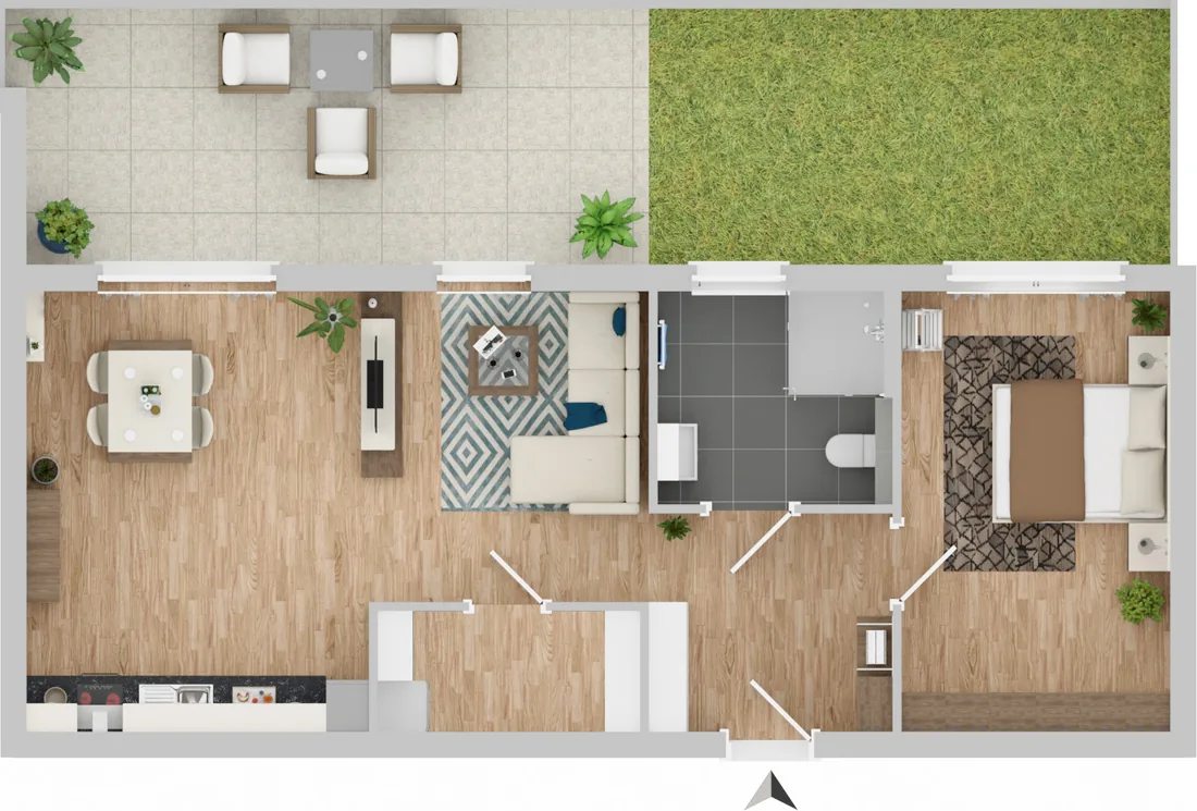 Grundriss einer Zwei-Zimmer-Wohnung mit ca. 72 m² Wohnfläche und Dachterrasse