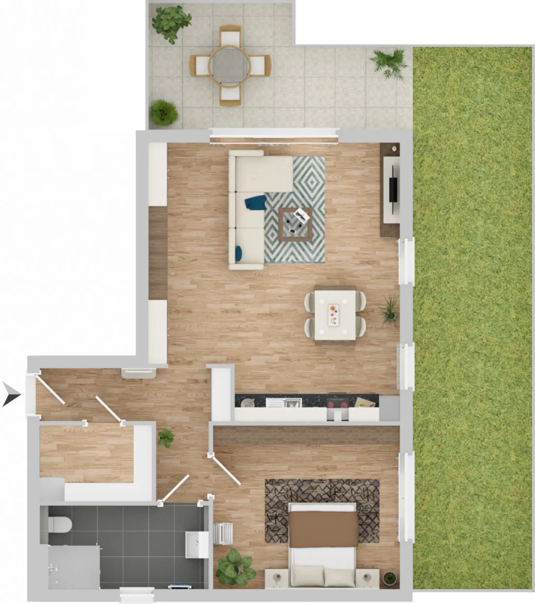 Grundriss einer Zwei-Zimmer-Wohnung mit ca. 76 m² Wohnfläche und Dachterrasse