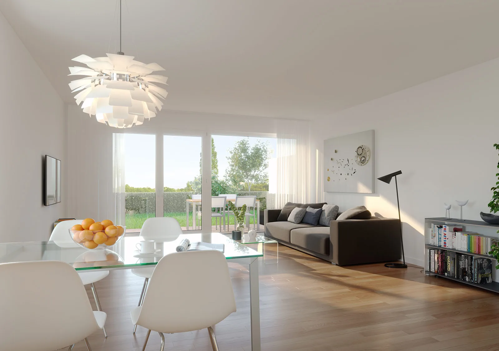 Visualisierung eines Wohn- und Essbereichs mit bodentiefen Fenstern zur Terrasse