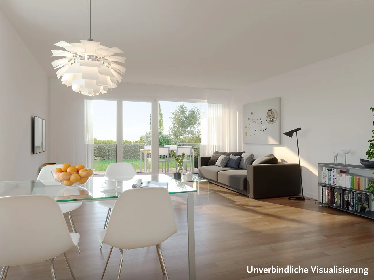 Visualisierung eines Wohn- und Essbereichs mit bodentiefen Fenstern zur Terrasse